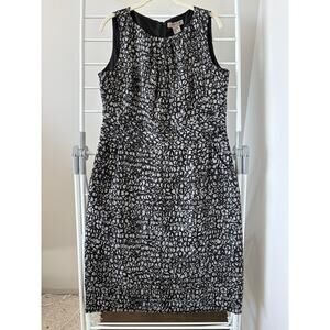 Jigsaw 100% Silk Sheath Dress Size 10 Black Gray Print Pleated Lined
